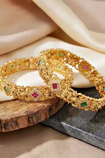 Gold laxmi temple ad bangle green stone