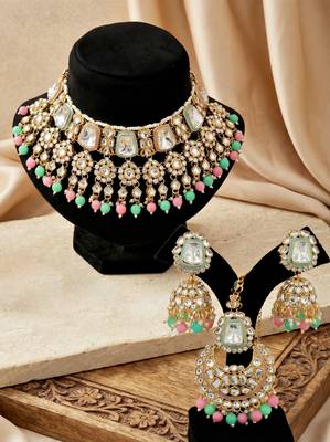 18 kt gold plated pink mint kundan bridal necklace set with tikka & nath 2