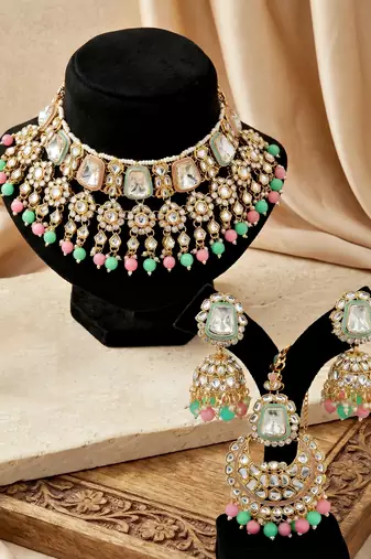 18 kt gold plated pink mint kundan bridal necklace set with tikka & nath