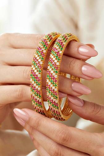 Gold temple floral ad bangle pink green