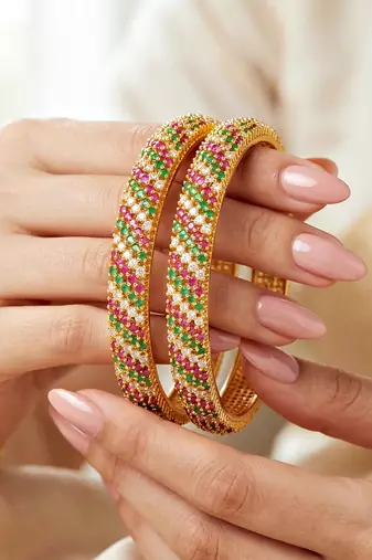 Gold temple floral ad bangle pink green