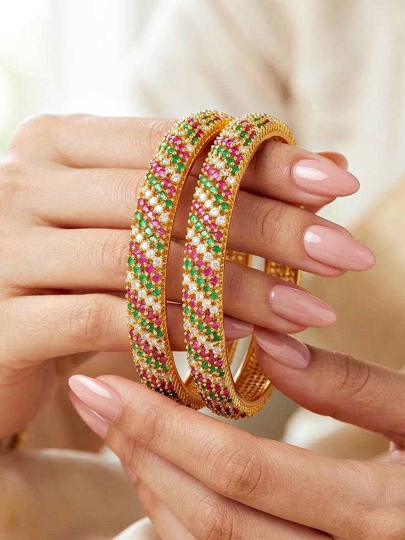 Gold temple floral ad bangle pink green