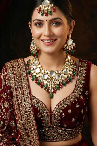 18 kt gold plated maroon green kundan bridal & semi-bridal necklace set
