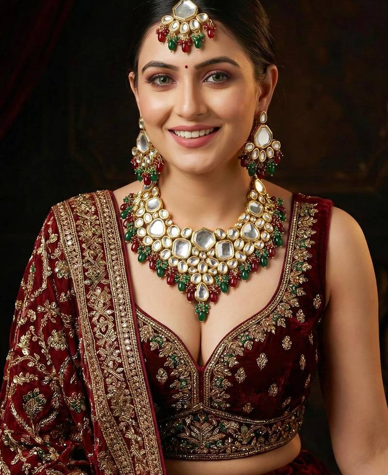 18 kt gold plated maroon green kundan bridal & semi-bridal necklace set