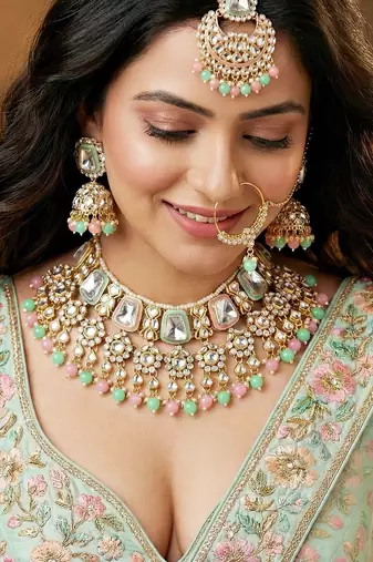 18 kt gold plated pink mint kundan bridal necklace set with tikka & nath