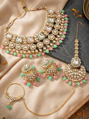 18 kt gold plated pink mint kundan bridal necklace set with tikka & nath 4