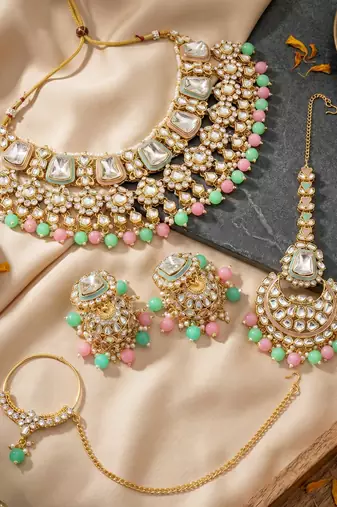 18 kt gold plated pink mint kundan bridal necklace set with tikka & nath