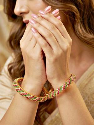 Gold temple floral ad bangle pink green 2