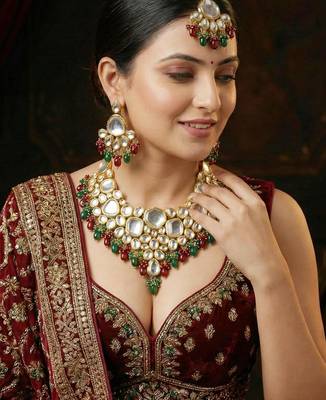 18 kt gold plated maroon green kundan bridal & semi-bridal necklace set 2
