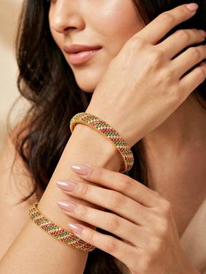 Gold temple floral ad bangle pink green 3