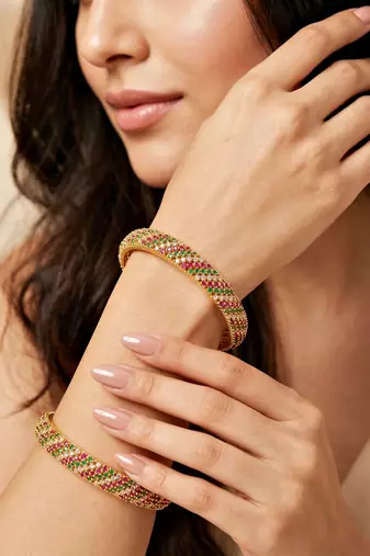 Gold temple floral ad bangle pink green