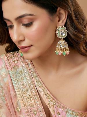 18 kt gold plated pink mint kundan bridal necklace set with tikka & nath 5