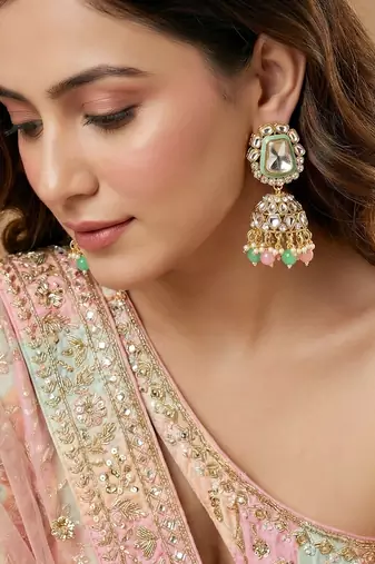 18 kt gold plated pink mint kundan bridal necklace set with tikka & nath