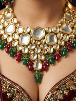 18 kt gold plated maroon green kundan bridal & semi-bridal necklace set 3