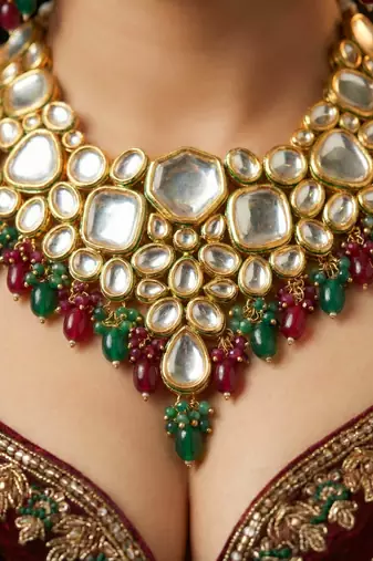 18 kt gold plated maroon green kundan bridal & semi-bridal necklace set