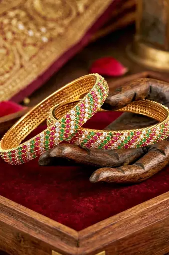 Gold temple floral ad bangle pink green