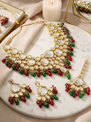 18 kt gold plated maroon green kundan bridal & semi-bridal necklace set 4