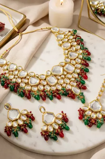 18 kt gold plated maroon green kundan bridal & semi-bridal necklace set