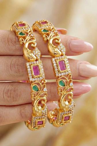 Gold laxmi temple ad bangle pink green