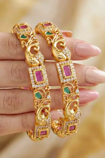 Gold laxmi temple ad bangle pink green