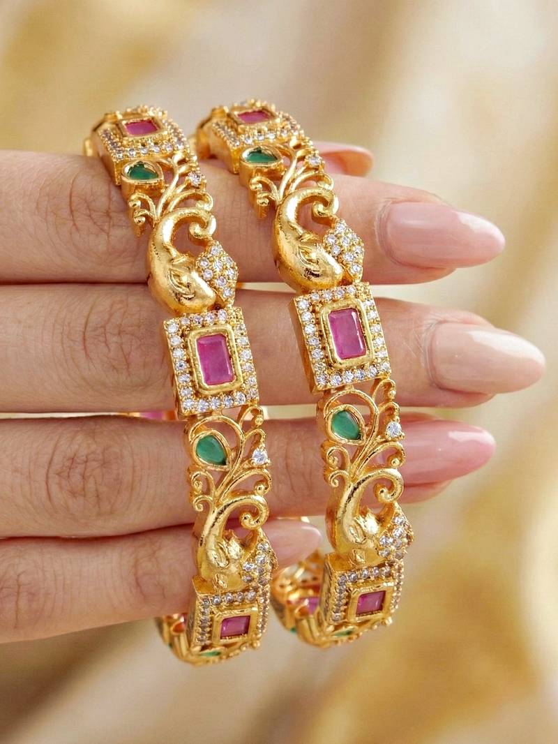 Gold laxmi temple ad bangle pink green