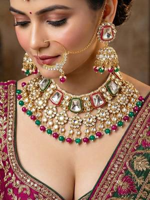 18 kt gold plated magenta green kundan bridal & semi-bridal necklace set 1