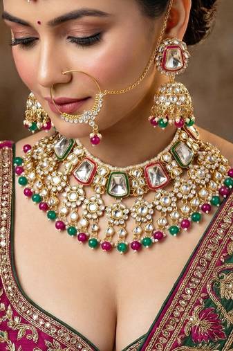 18 kt gold plated magenta green kundan bridal & semi-bridal necklace set