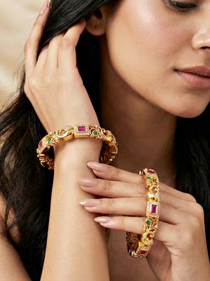 Gold laxmi temple ad bangle pink green 2
