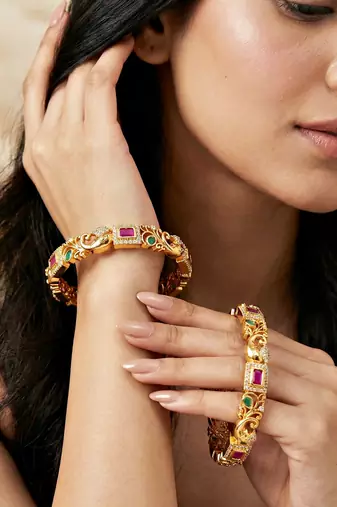 Gold laxmi temple ad bangle pink green