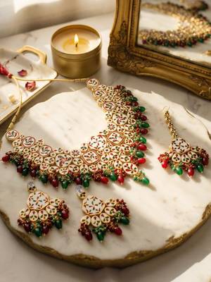 18 kt gold plated maroon green kundan bridal & semi-bridal necklace set 5