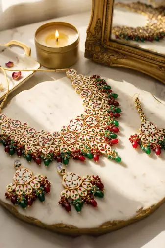 18 kt gold plated maroon green kundan bridal & semi-bridal necklace set