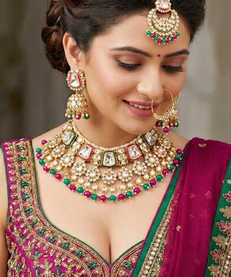 18 kt gold plated magenta green kundan bridal & semi-bridal necklace set 2