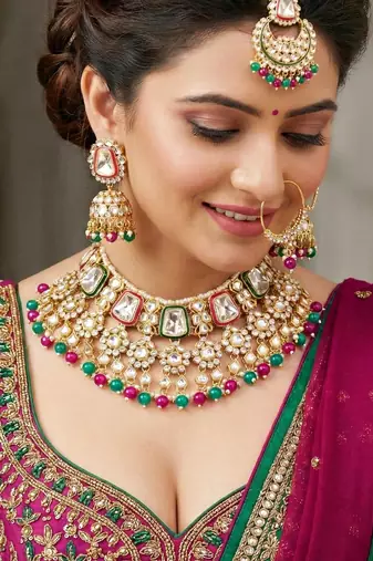 18 kt gold plated magenta green kundan bridal & semi-bridal necklace set