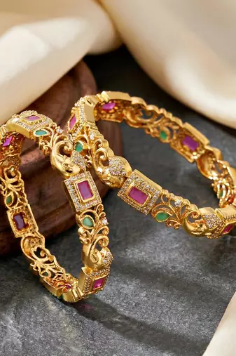 Gold laxmi temple ad bangle pink green