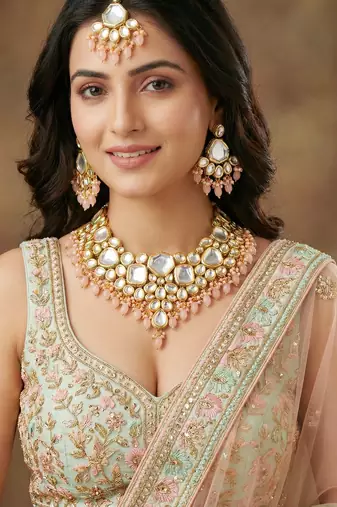 18 kt gold plated peach kundan bridal & semi-bridal necklace set