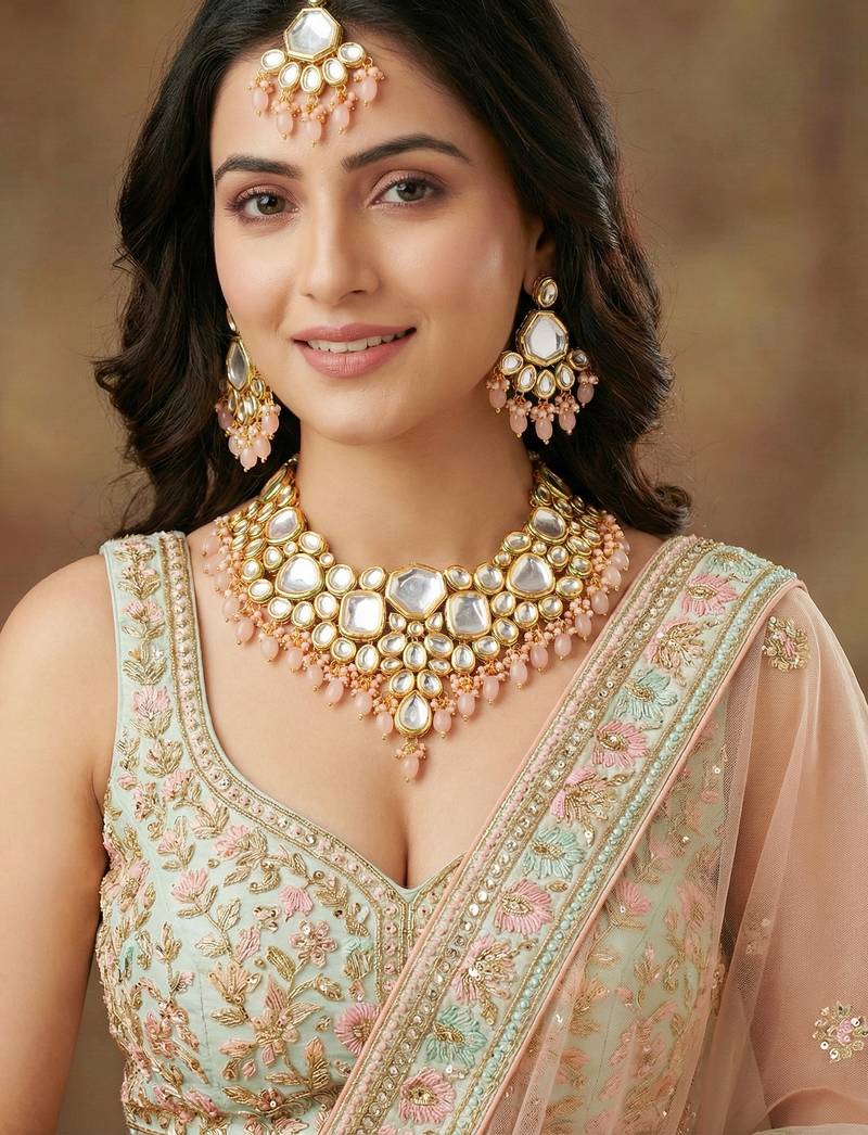 18 kt gold plated peach kundan bridal & semi-bridal necklace set
