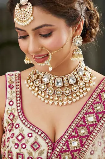 18 kt gold plated white kundan bridal necklace set with tikka & nath