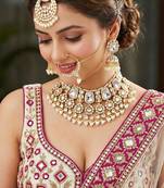 18 kt gold plated white kundan bridal necklace set with tikka & nath