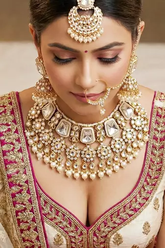 18 kt gold plated white kundan bridal necklace set with tikka & nath