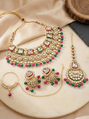 18 kt gold plated magenta green kundan bridal & semi-bridal necklace set 3