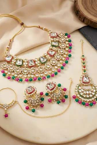 18 kt gold plated magenta green kundan bridal & semi-bridal necklace set