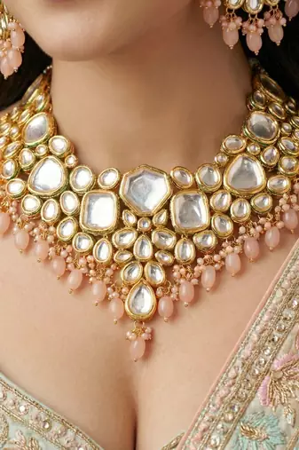 18 kt gold plated peach kundan bridal & semi-bridal necklace set