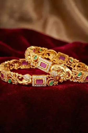 Gold laxmi temple ad bangle pink green