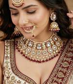Gold plated maroon kundan bridal & semi-bridal necklace set with tikka & nath