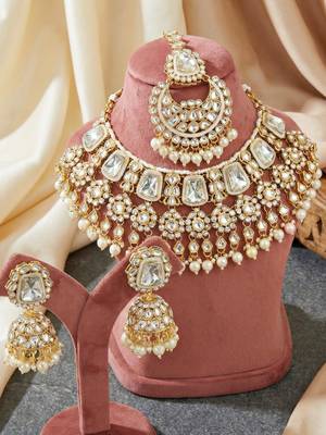 18 kt gold plated white kundan bridal necklace set with tikka & nath 3