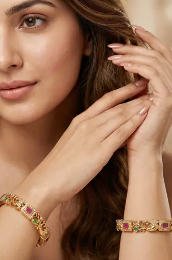 Gold laxmi temple ad bangle pink green