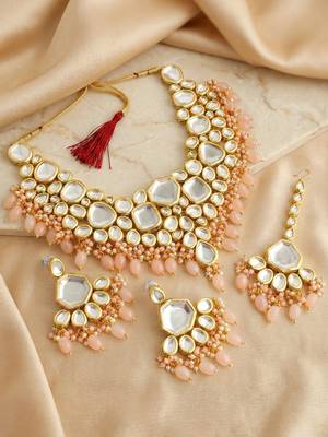 18 kt gold plated peach kundan bridal & semi-bridal necklace set 3