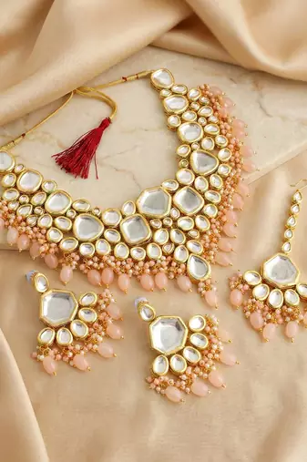 18 kt gold plated peach kundan bridal & semi-bridal necklace set