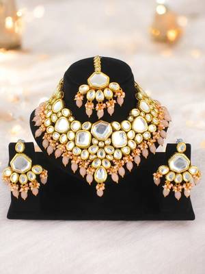 18 kt gold plated peach kundan bridal & semi-bridal necklace set 4