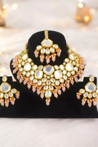18 kt gold plated peach kundan bridal & semi-bridal necklace set